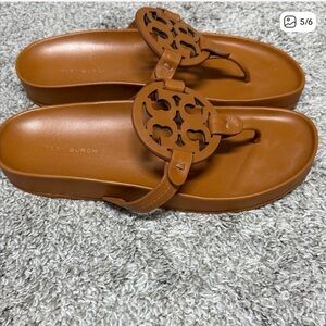 Tory Burch Cognac Leather Platform Thong Sandals with Logo Medallions